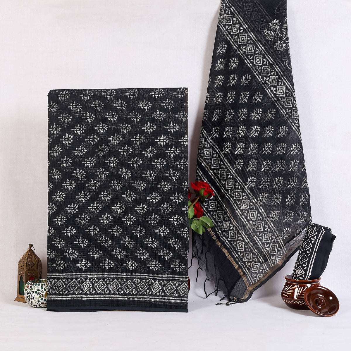 Black Buta Hand Block Print Pure Kota Doria Suit | Kaali Raat Buta | Unstitched 3 Piece (Top & Dupatta Kota) | Wholesale Suit Material 1hDxVFsg2nTykUfooZITYPOcZDxOQXVfp_w2000