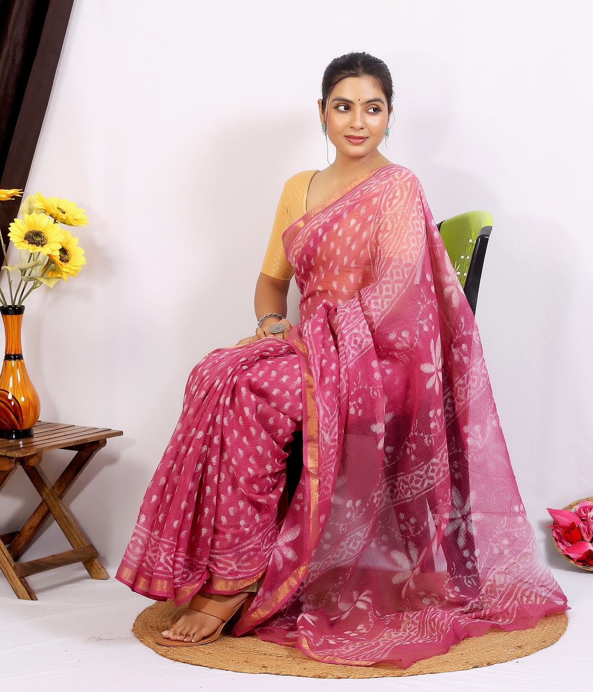Pink Bagru Jaal Kota Doria bagru hand block print saree with blouse – pink – wholesale Jaipur – view 3