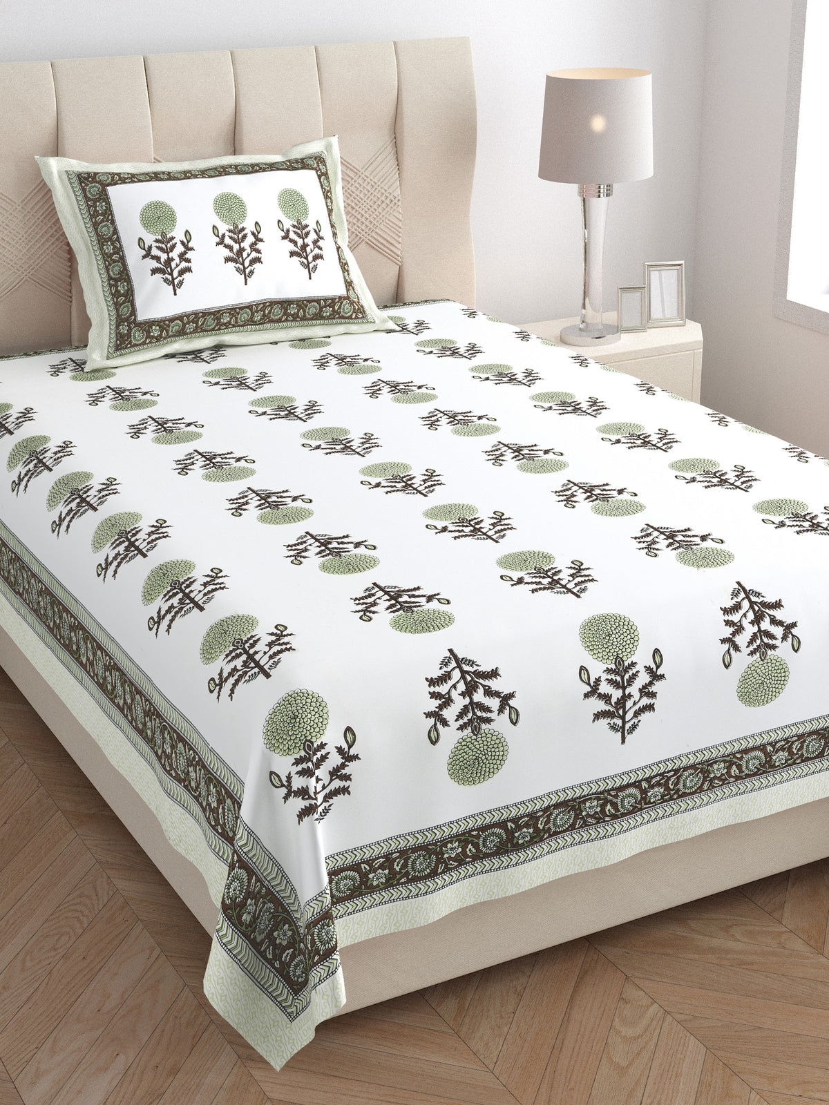 Elora Olive Marigold Buta Murugan cotton single bedsheet 60x90 with pillow cover – olive green – wholesale Jaipur