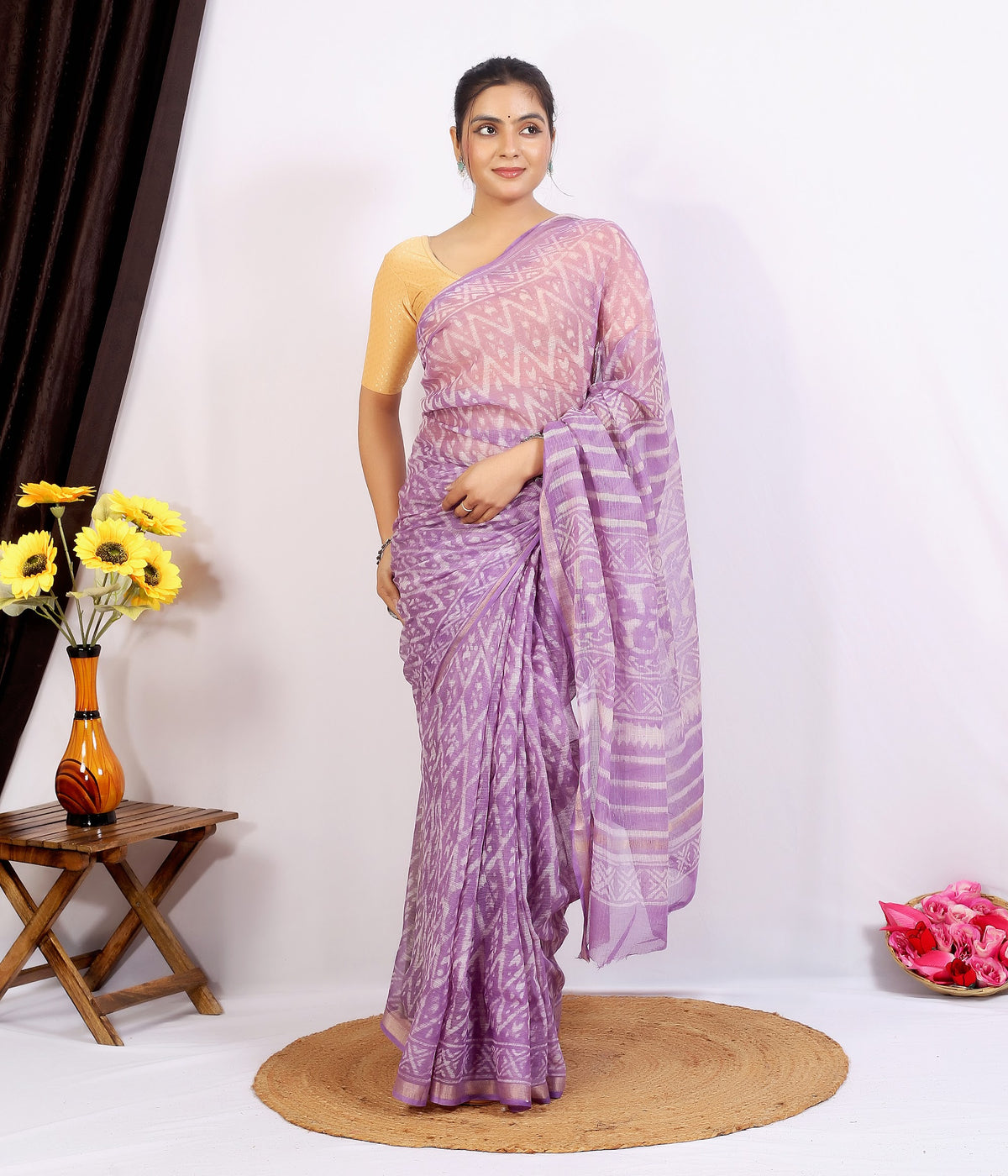 Lilac Floral Buti Kota Doria bagru hand block print saree with blouse – lilac – wholesale Jaipur – view 4
