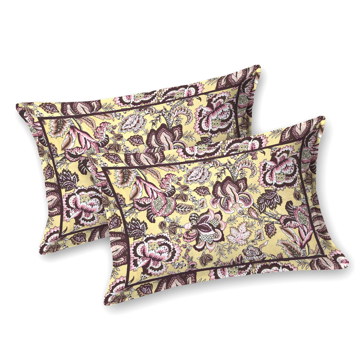 Kalashree Yellow Plum Floral Jaal premium cotton double bedsheet 100x108 with 2 pillow covers – yellow and plum – wholesale Jaipur – view 3