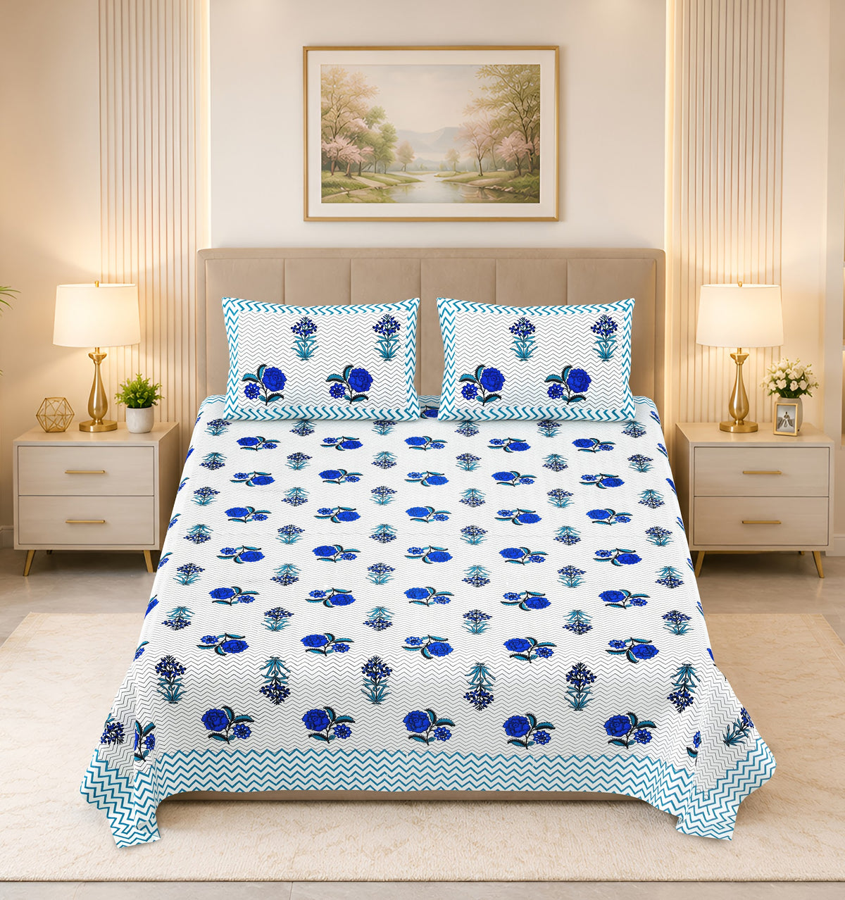 Kalashree Royal Blue Rose Chevron premium cotton double bedsheet 100x108 with 2 pillow covers – royal blue – wholesale Jaipur – view 4