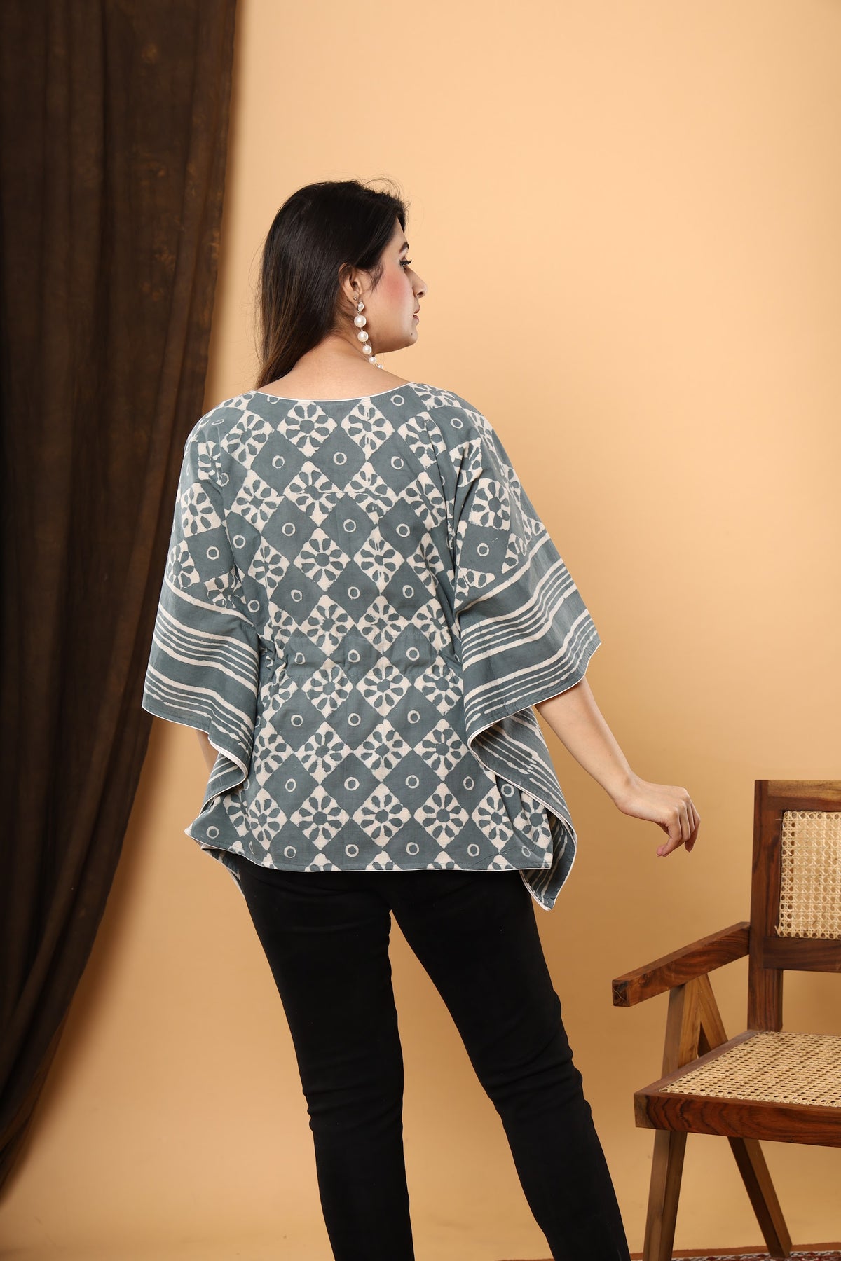 Grey Floral Stripe short kaftan top – make to order wholesale – view 2