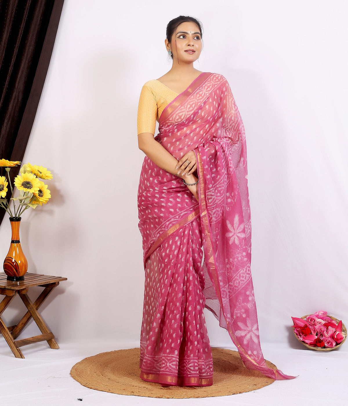 Pink Bagru Jaal Kota Doria bagru hand block print saree with blouse – pink – wholesale Jaipur – view 5
