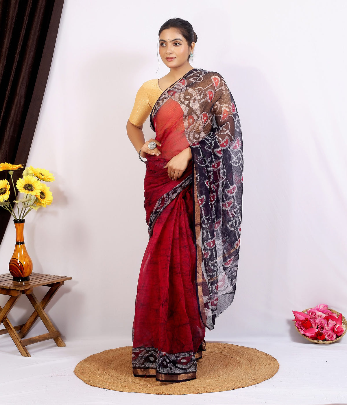 Maroon Black Pallu Kota Doria bagru hand block print saree with blouse – maroon and black – wholesale Jaipur