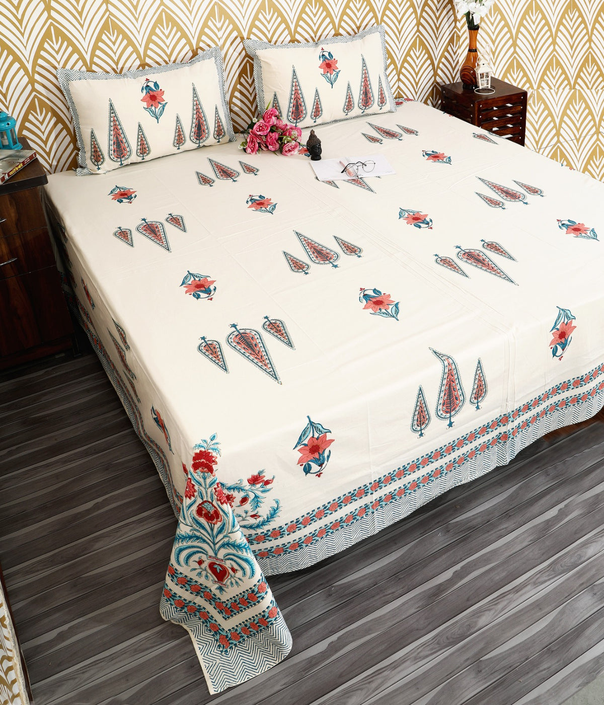 Prakriti Yuvraj Teal Red Cypress Buta Pure Cotton King Size Bedsheet 108x108 with 2 Pillow Covers Bedsheet 1hrmXBV9Kzk-WYDkiUtnQDZ8eUuiArkDl_w2000