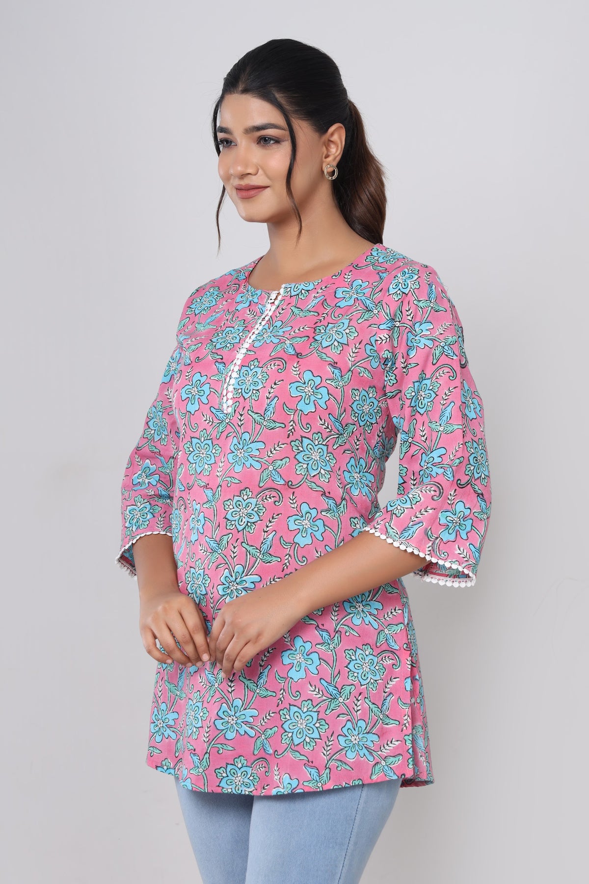 Pink Aqua Floral hand block short kurti – make to order wholesale – view 5