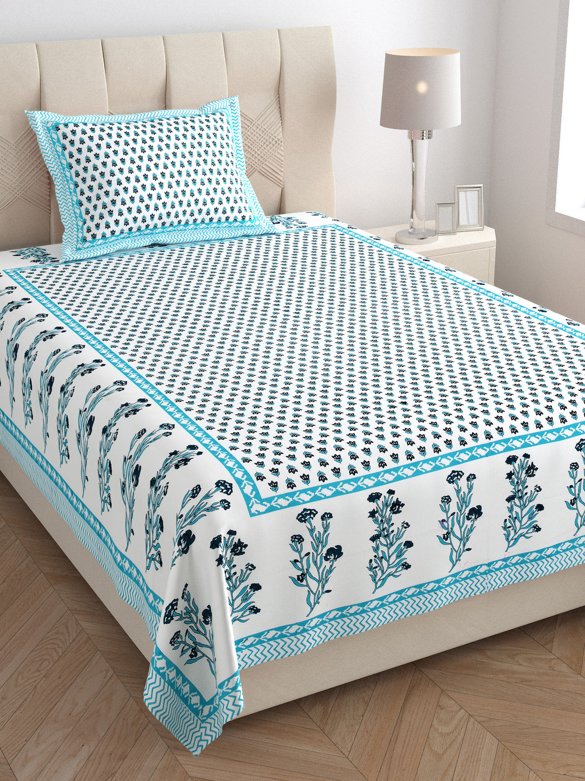 Elora Aqua Buti Border Murugan cotton single bedsheet 60x90 with pillow cover – aqua – wholesale Jaipur