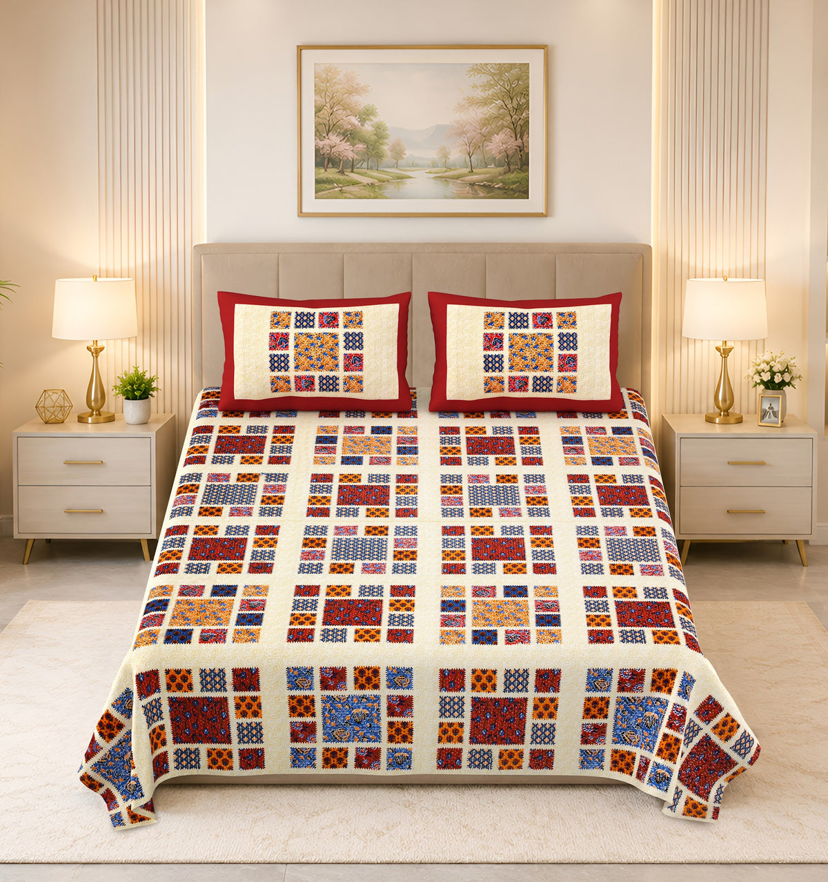 Kalashree Maroon Patchwork Check premium cotton double bedsheet 100x108 with 2 pillow covers – maroon and multicolour – wholesale Jaipur