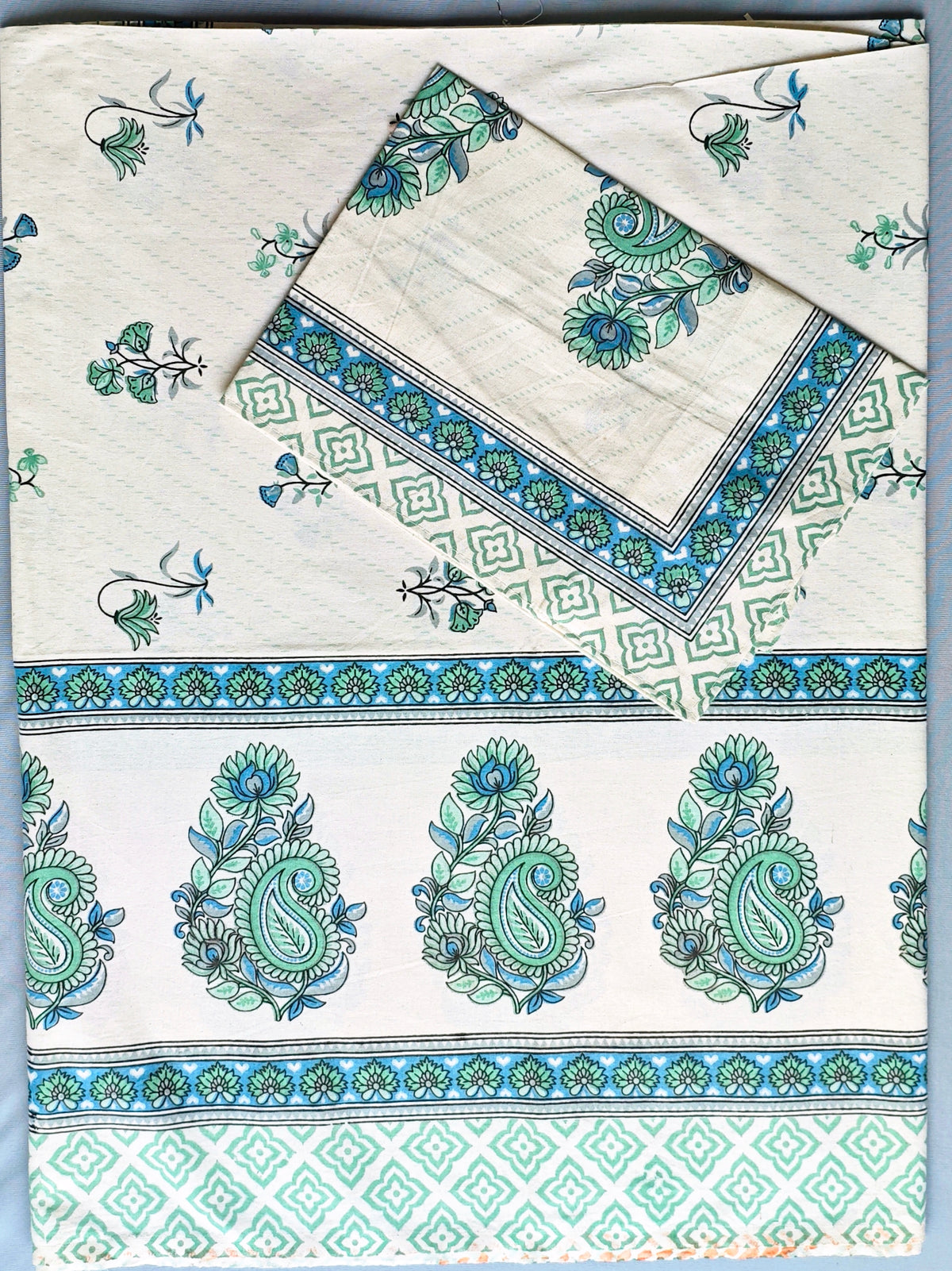 Saanjh Teal Mughal Paisley Border Cotton Single Bedsheet 60x90 with 1 Pillow Cover Bedsheet 1iVlwE3LZhuPxyHzNou5O9X91sWOTImko_w2000