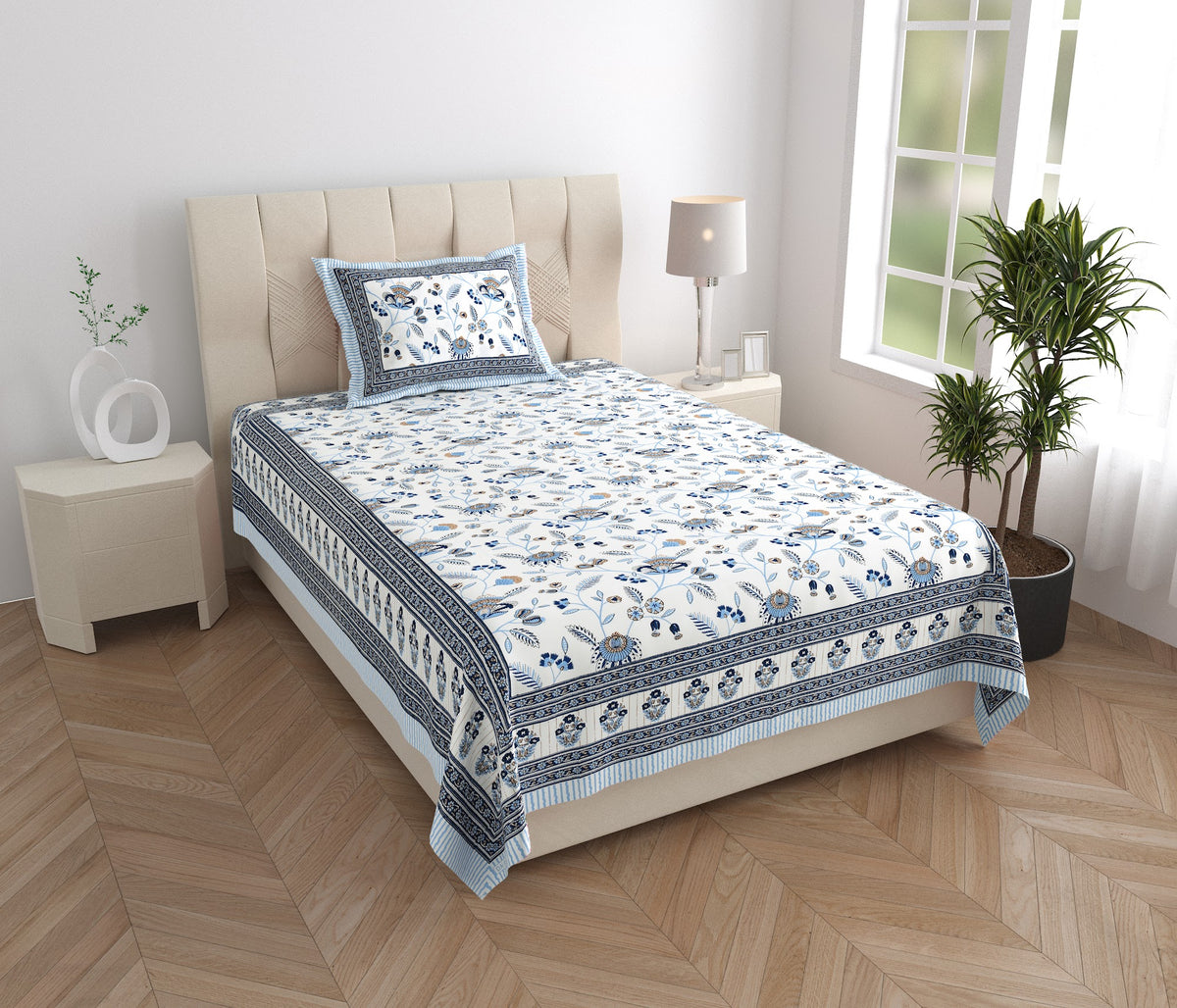 Elora Blue Floral Vine Murugan cotton single bedsheet 60x90 with pillow cover – blue – wholesale Jaipur – view 5
