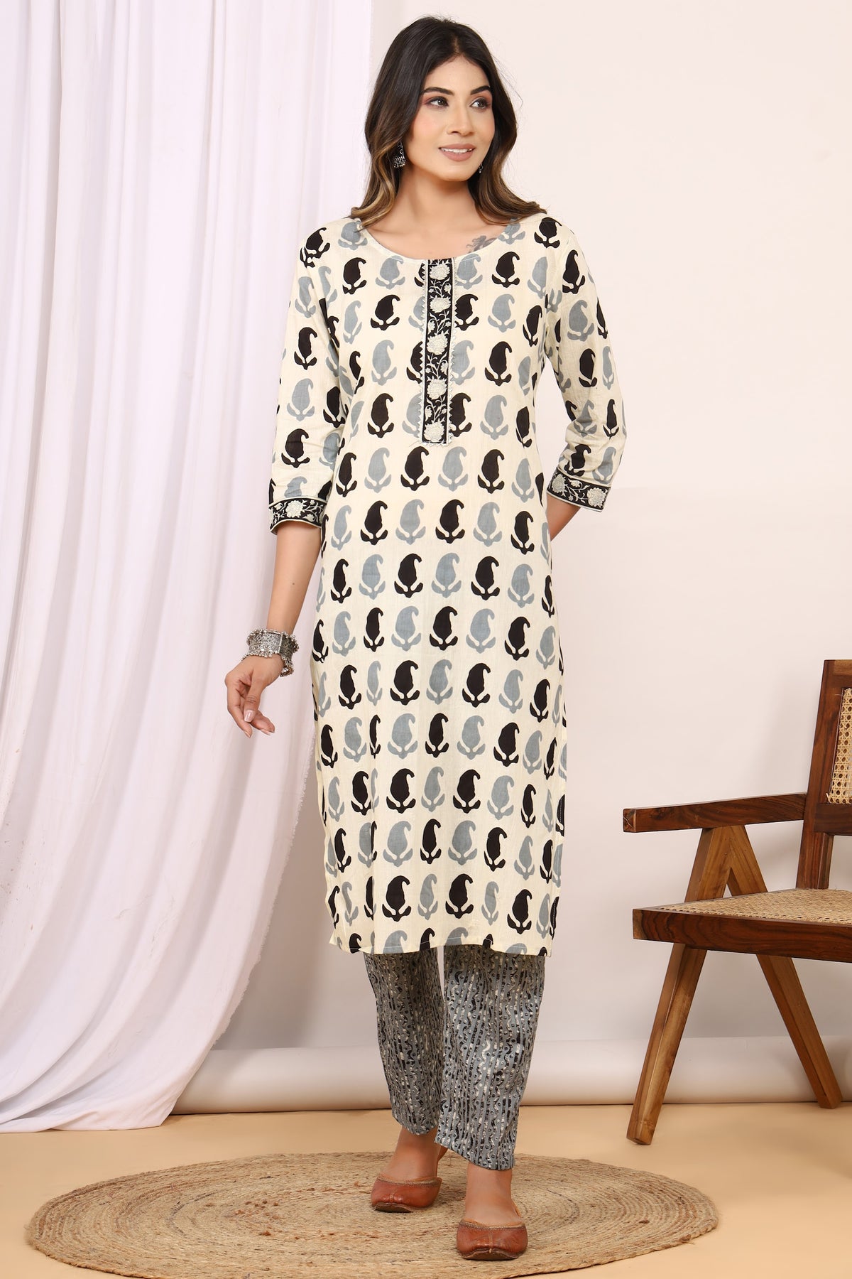 Cream Black Paisley kurta pant dupatta set – make to order wholesale – view 6