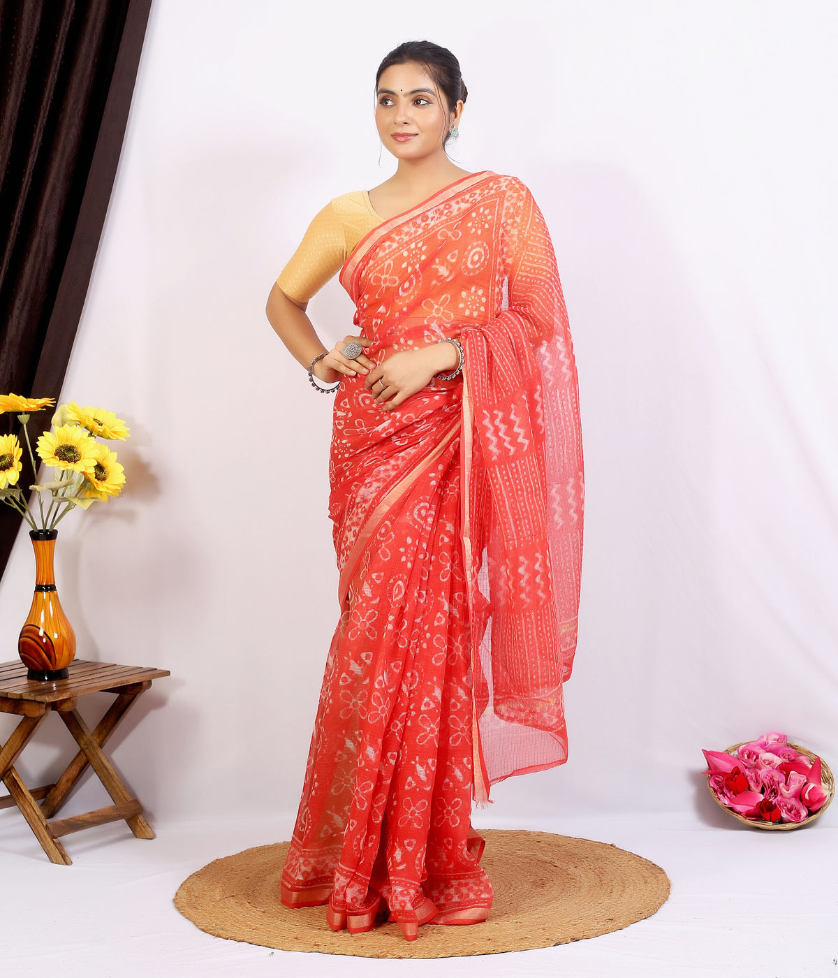 Coral Floral Buta Kota Doria bagru hand block print saree with blouse – coral – wholesale Jaipur