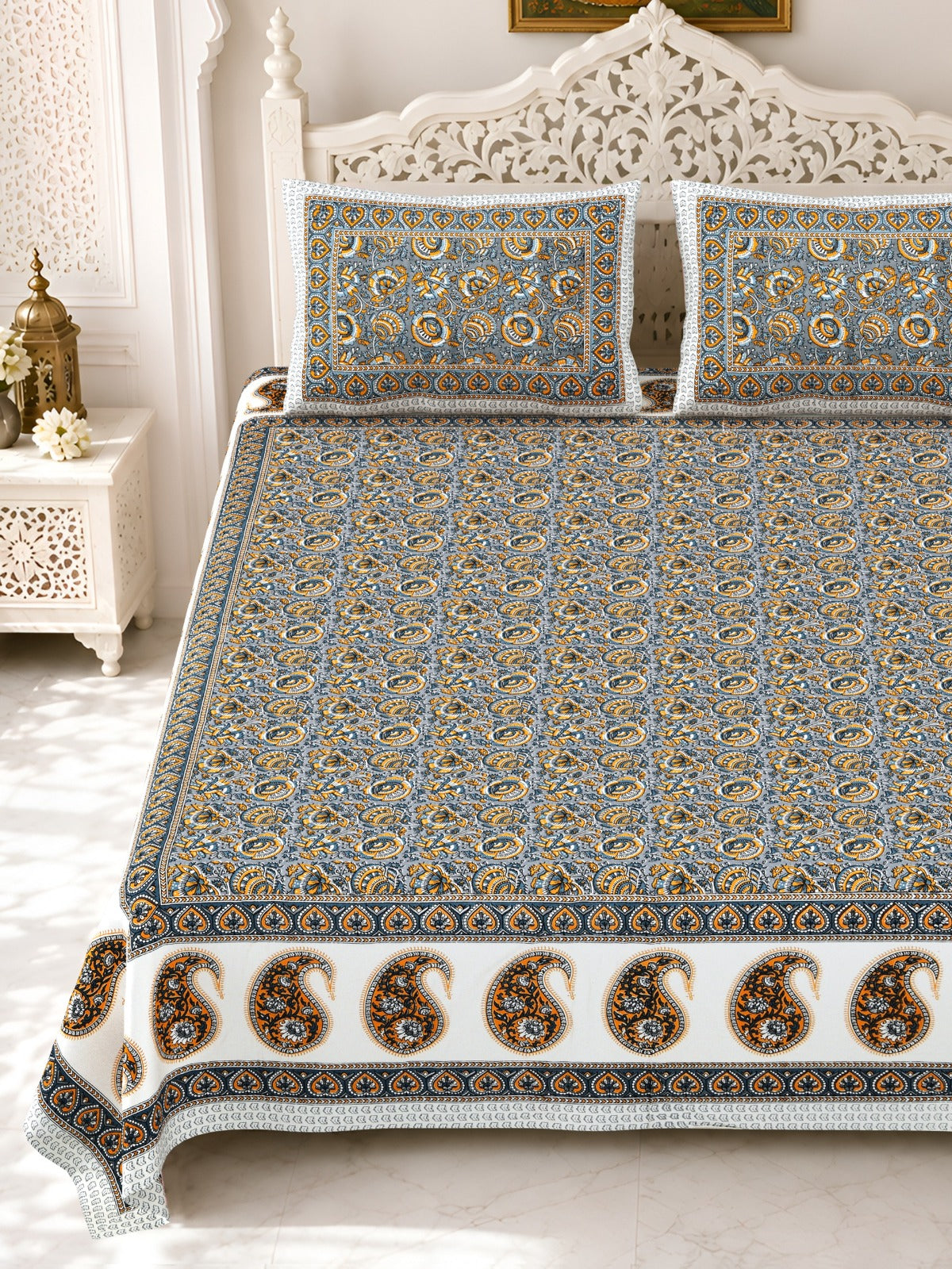 Premium Royal Block Grey Paisley Border Cotton Double Bedsheet 90x108 with 2 Pillow Covers Bedsheet 1ilLHbgTLQIweCwaLfid1-azVkmSBc_7A_w2000