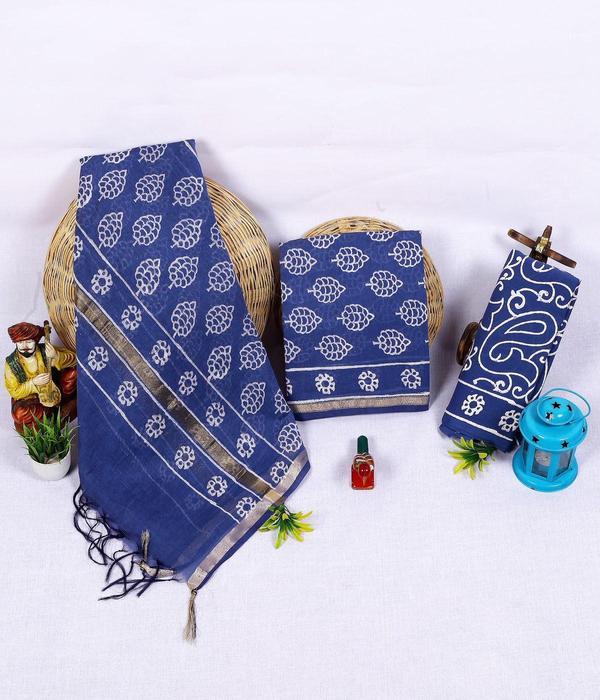 Shahi Neel Patta Royal Blue Leaf Buta Chanderi silk hand block print suit material