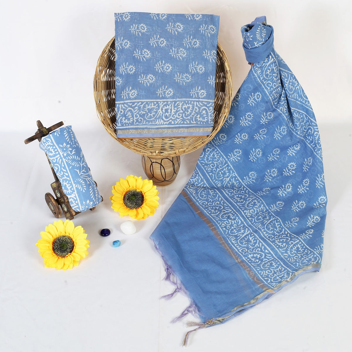 Neela Buta Sky Blue Buta Chanderi silk hand block print suit material