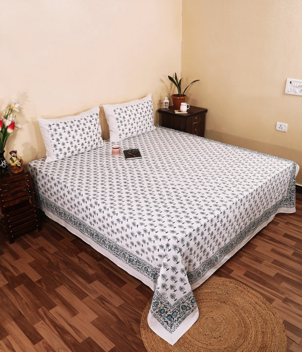Midnight Palm hand block printed Murugan cotton double bedsheet 95x108 with 2 pillow covers – charcoal grey – wholesale Jaipur – view 4