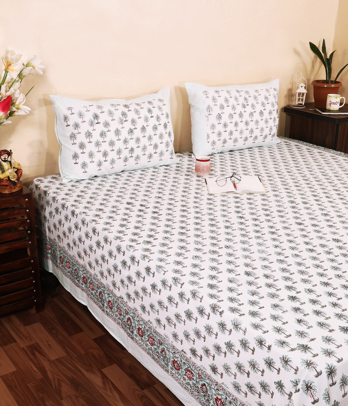 Midnight Palm hand block printed Murugan cotton double bedsheet 95x108 with 2 pillow covers – charcoal grey – wholesale Jaipur – view 5