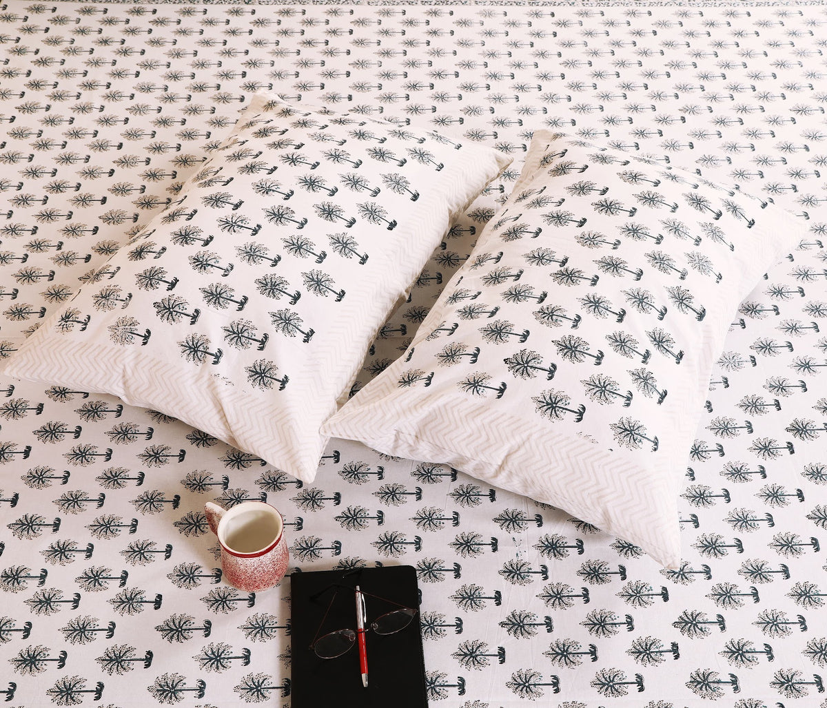 Midnight Palm hand block printed Murugan cotton double bedsheet 95x108 with 2 pillow covers – charcoal grey – wholesale Jaipur – view 7