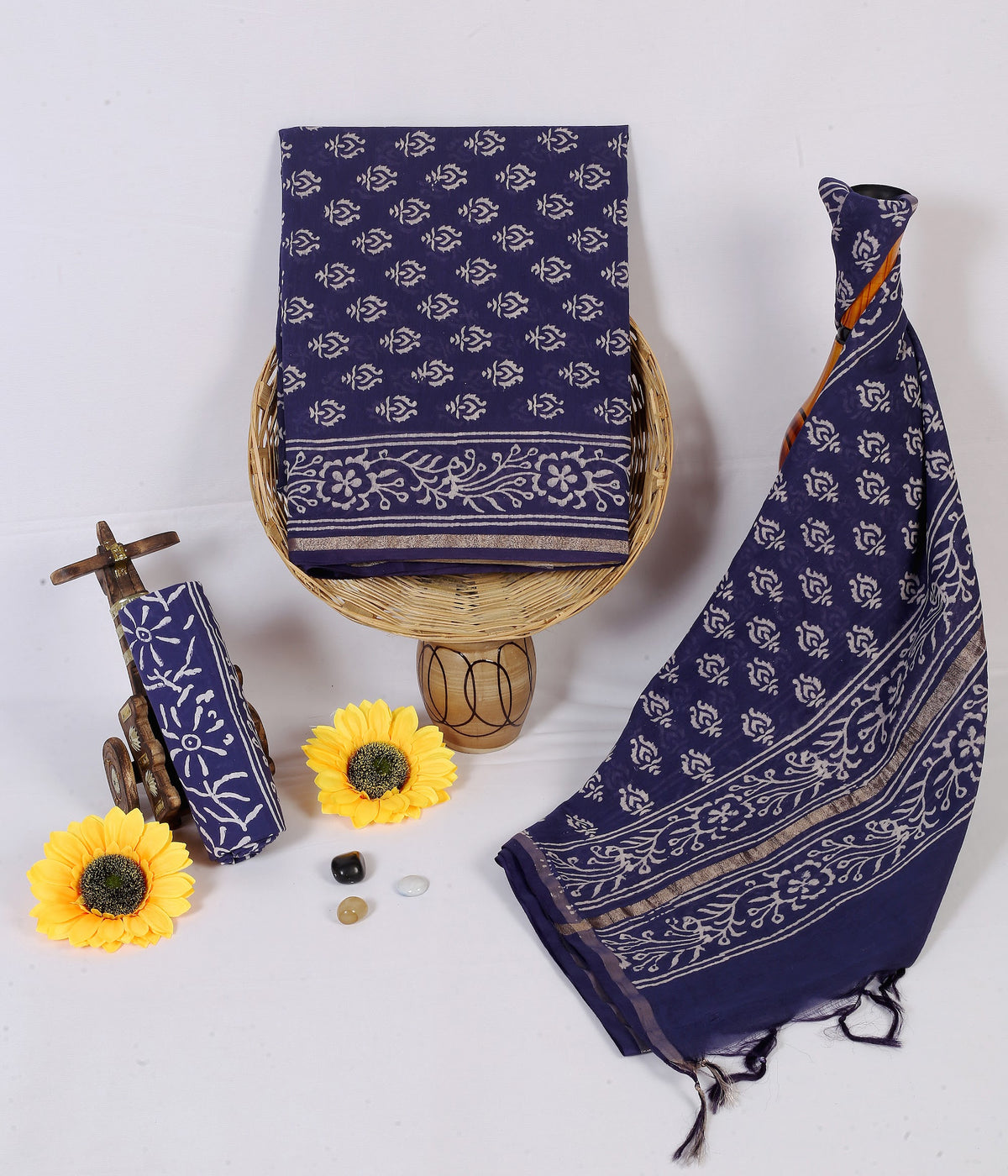 Raat Zari Buta Navy Buta Chanderi silk hand block print suit material