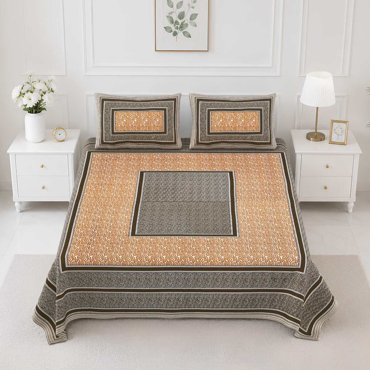 Elite Grey Beige Centre Square Cotton Double Bedsheet 90x108 with 2 Pillow Covers Bedsheet 1k_jnT0pi5sIKQ5jCxZszF_CFTNVYipTX_w2000
