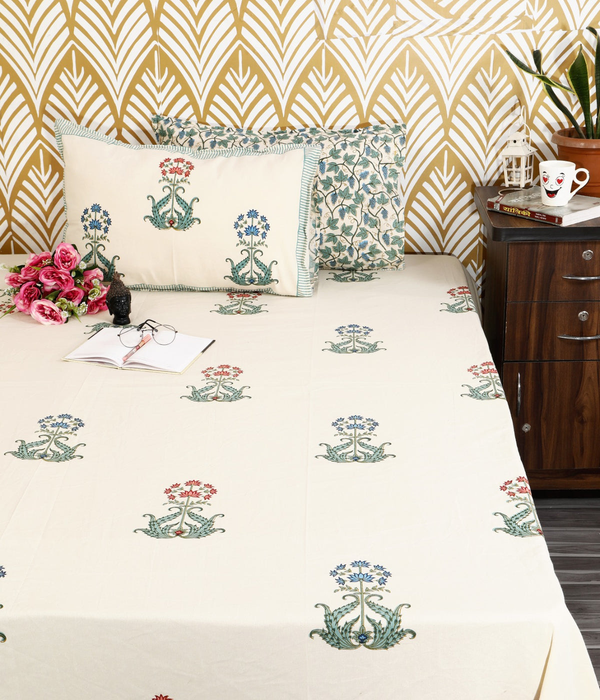 Prakriti Yuvraj Teal Mughal Floral Pure Cotton King Size Bedsheet 108x108 with 2 Pillow Covers Bedsheet 1kkDKACTIG0fIcalu9gij5_AidfjIUxhQ_w2000