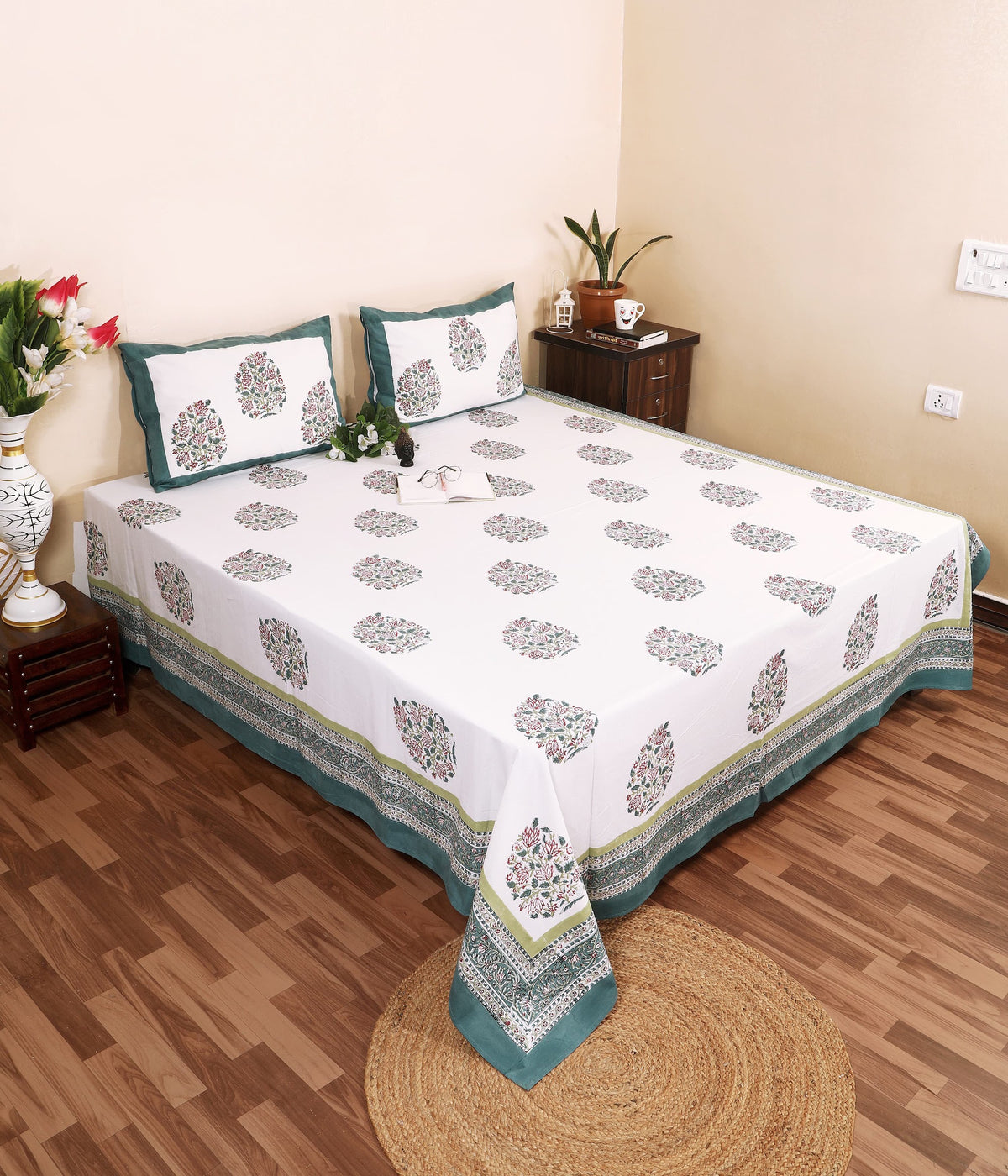 Teal Border Guldasta hand block printed Murugan cotton double bedsheet 95x108 with 2 pillow covers – pink, grey and teal – wholesale Jaipur – view 2