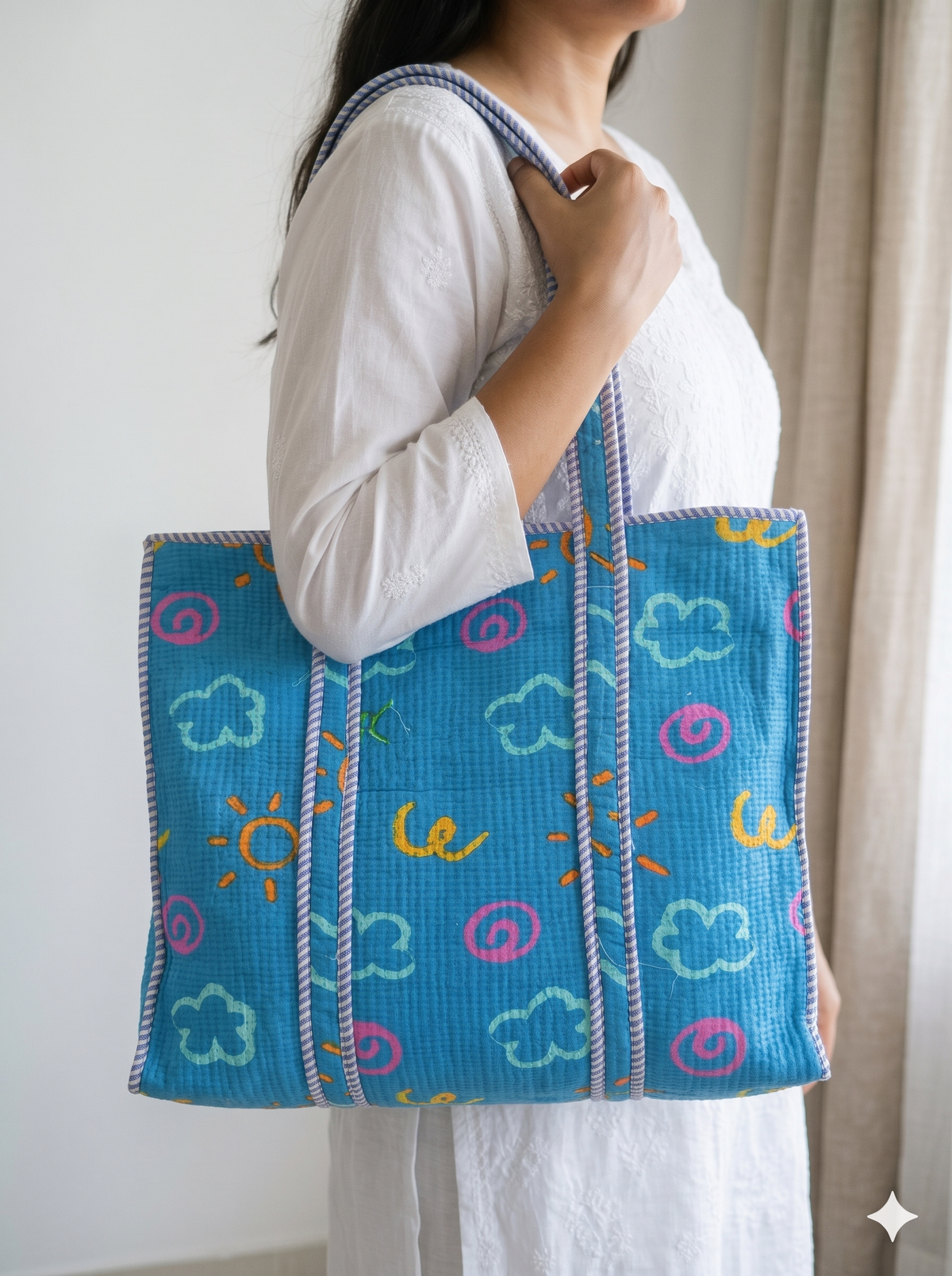 Jaipuri Printed Quilted Cotton Tote Bag | Badal Neela – Blue Cloud | 18x18 inch | Zipper & Inside Pocket | Wholesale Tote Bag 1kuwl8KemLNY-KQuP9B667cSrqY9ZbuRb_w2000
