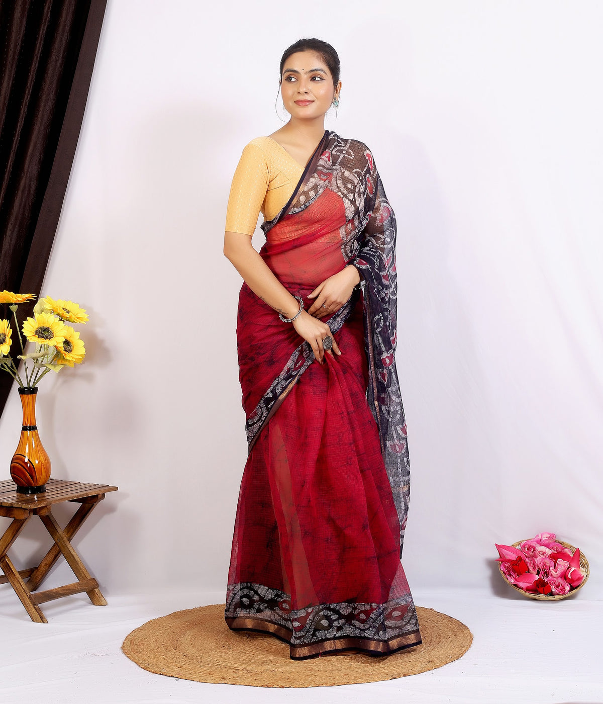 Maroon Black Pallu Kota Doria bagru hand block print saree with blouse – maroon and black – wholesale Jaipur – view 5