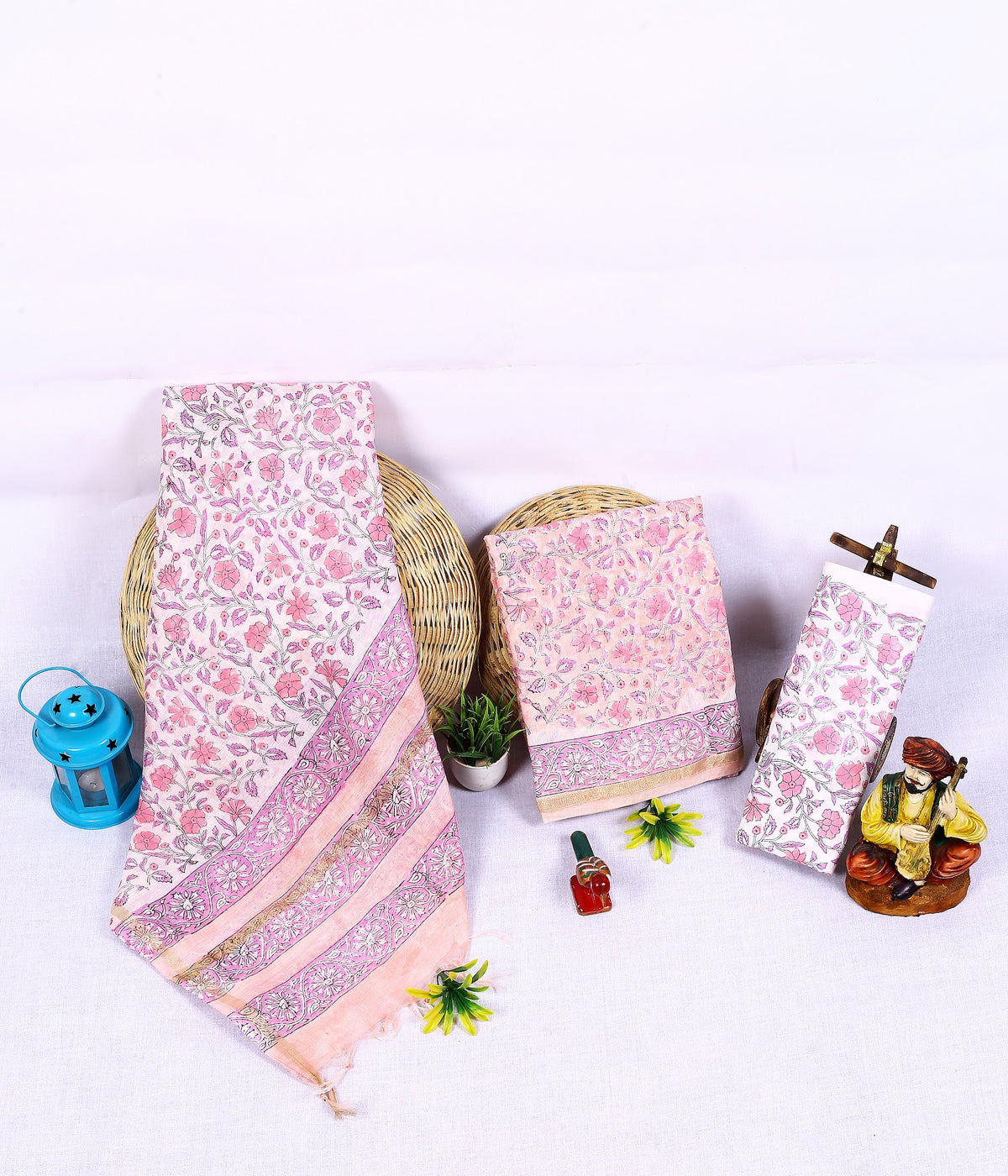 Halka Gulabi Phool Baby Pink Floral Chanderi silk hand block print suit material