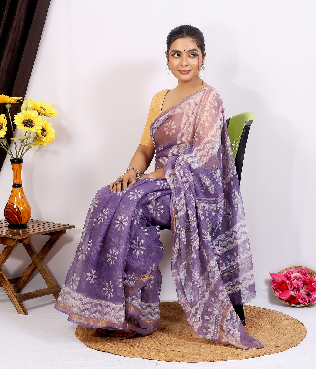 Lavender Floral Buta Kota Doria bagru hand block print saree with blouse – lavender – wholesale Jaipur – view 3