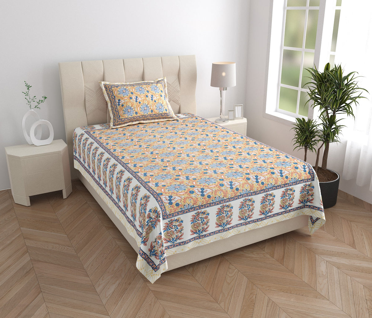 Elora Peach Blue Floral Jaal Murugan cotton single bedsheet 60x90 with pillow cover – peach and blue – wholesale Jaipur – view 5