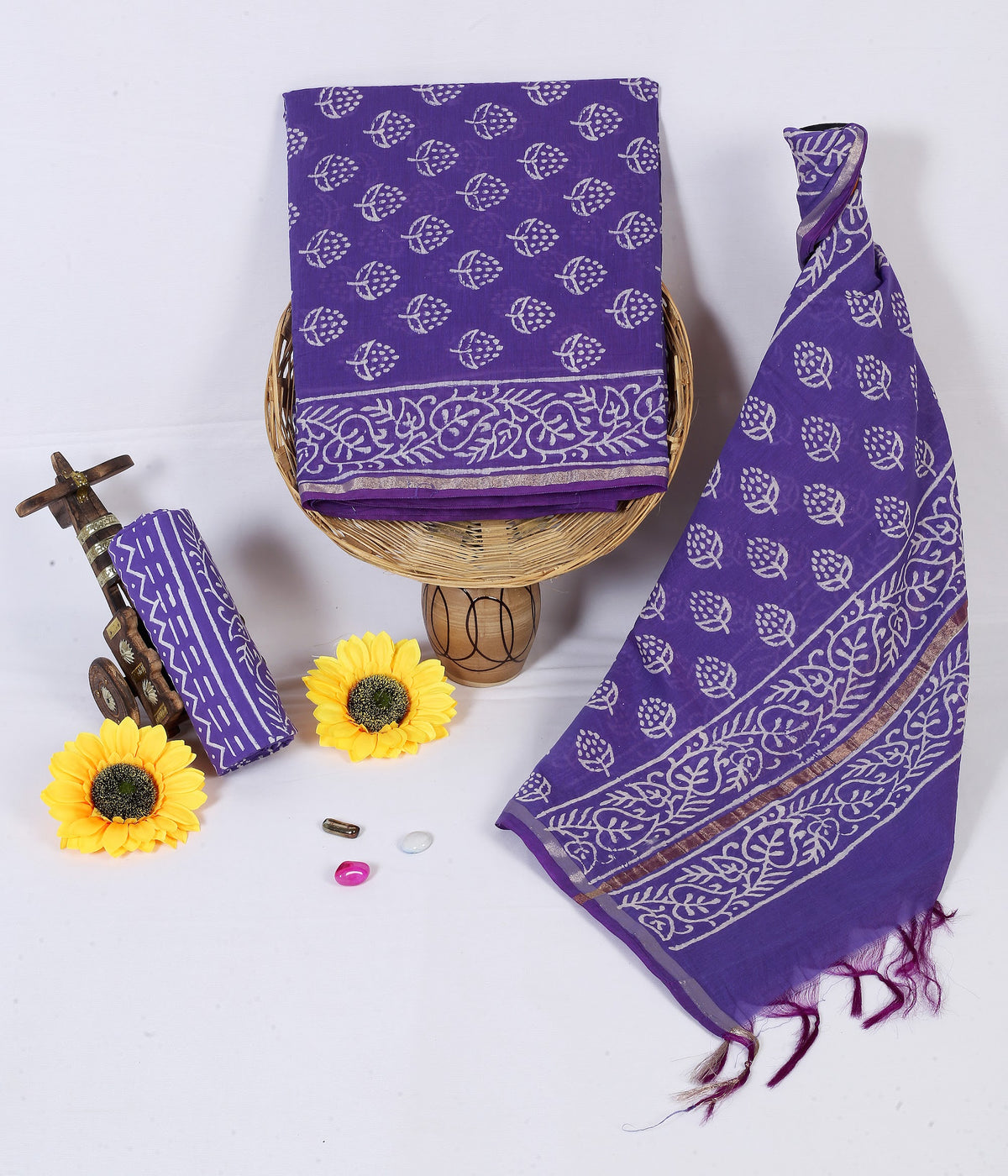 Jamuni Mahal Buta Violet Buta Chanderi silk hand block print suit material