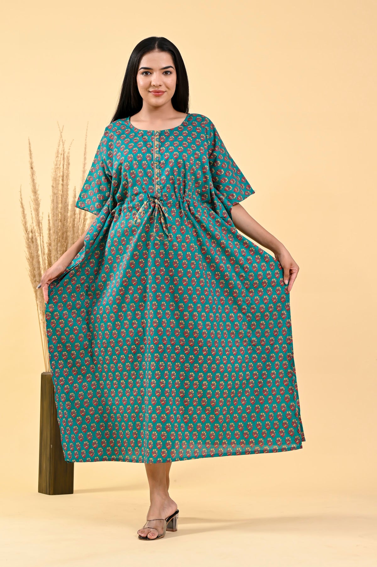 Teal Green Floral long kaftan – make to order wholesale