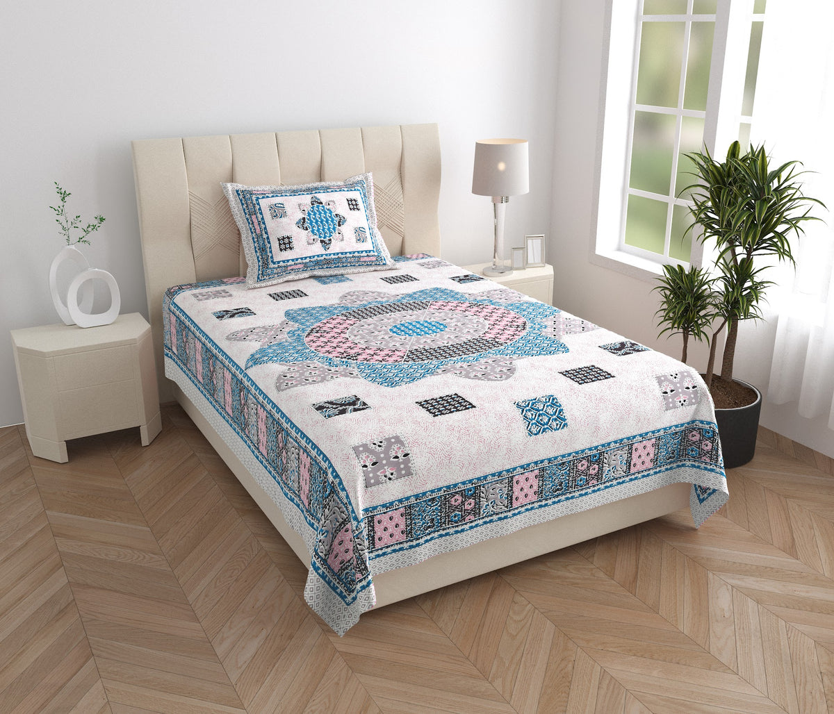 Elora Aqua Patchwork Medallion Murugan Cotton Single Bedsheet 60x90 with 1 Pillow Cover Bedsheet 1m0junPV6PBDh73GFvtUZ9ZDiLEq-stF1_w2000