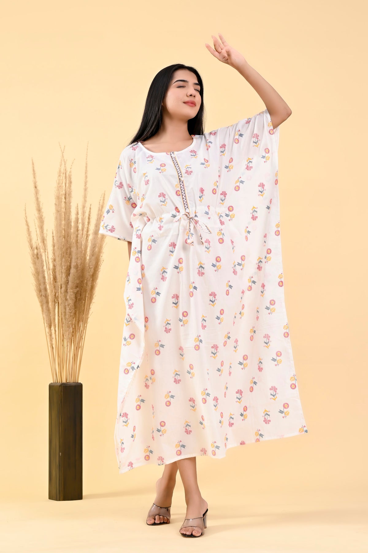 White Pink Floral long kaftan – make to order wholesale – view 3