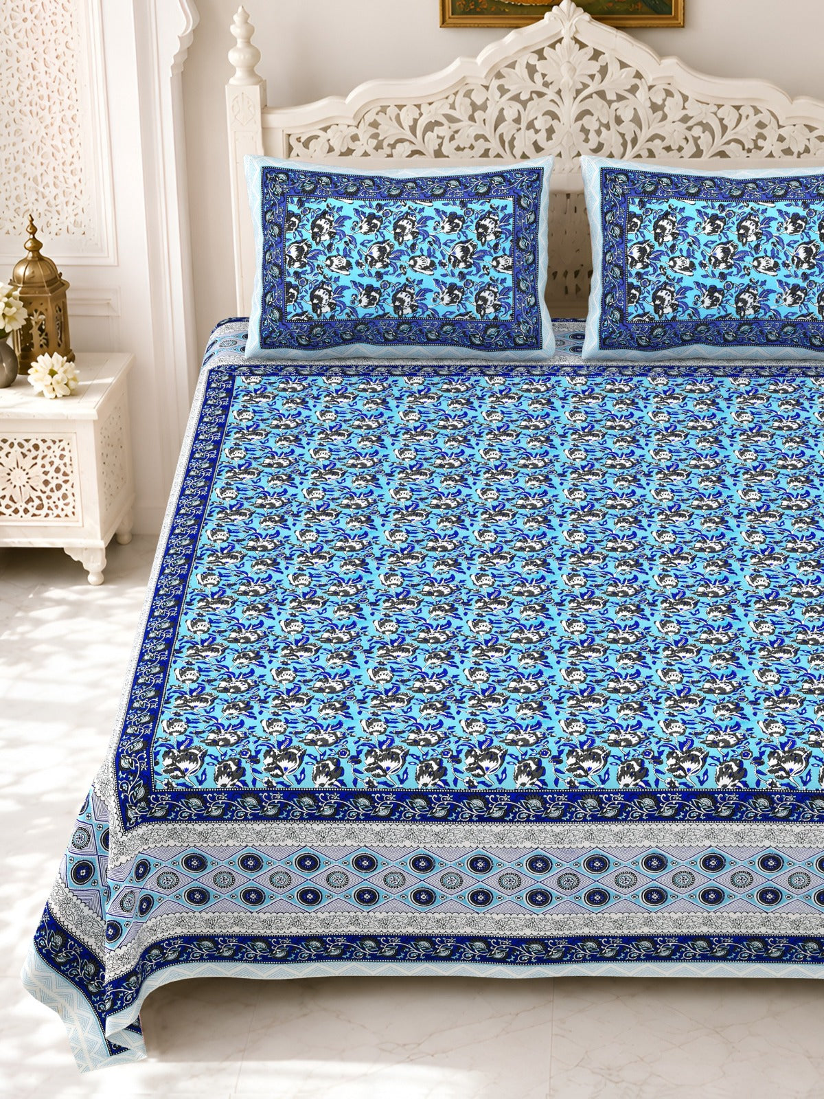 Premium Royal Block Royal Blue Jaal Cotton Double Bedsheet 90x108 with 2 Pillow Covers Bedsheet 1mmgbRb1ljvxFsztlBhYArU_PLHouplSz_w2000