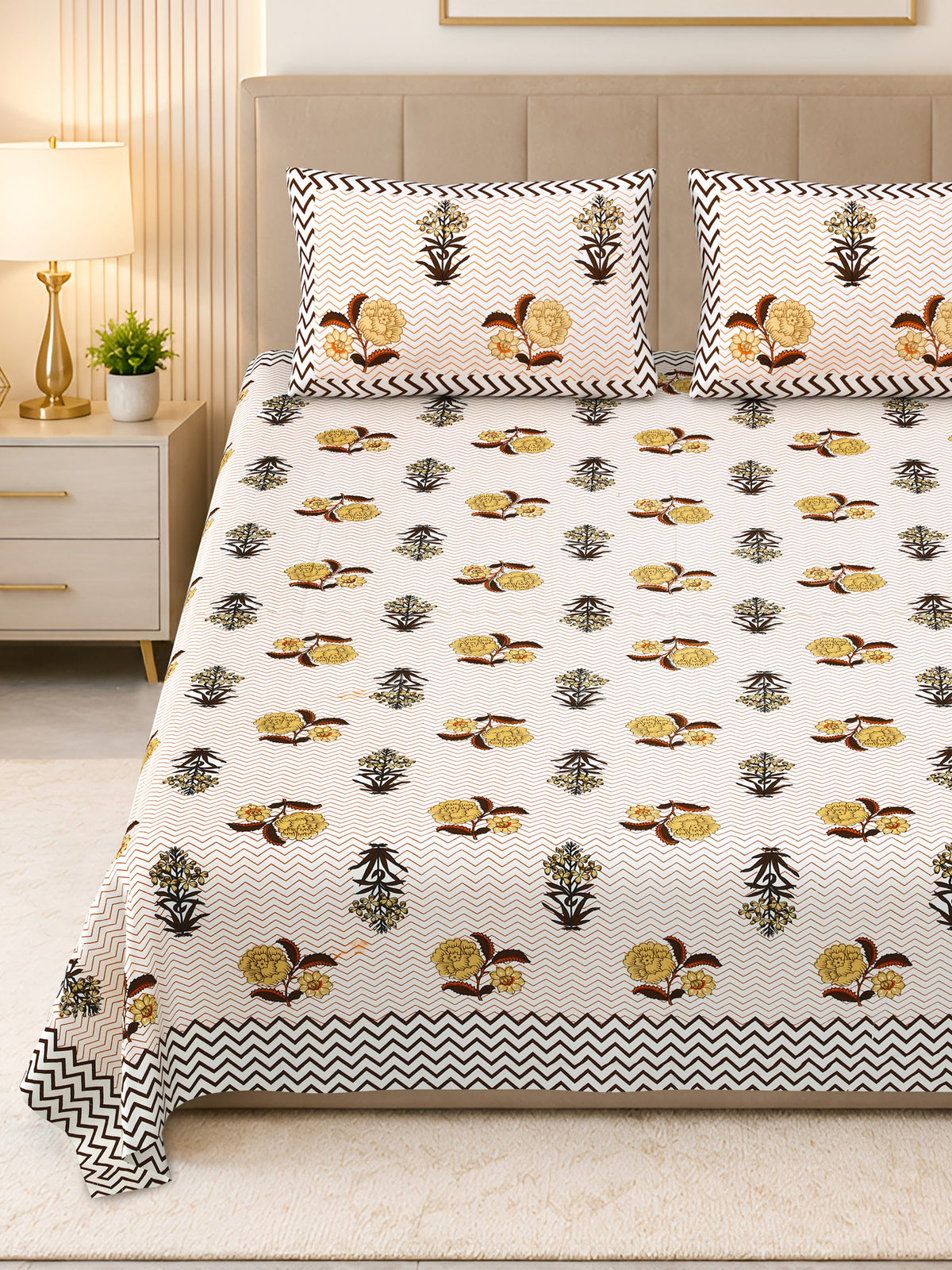 Kalashree Mustard Buta Chevron premium cotton double bedsheet 100x108 with 2 pillow covers – mustard and brown – wholesale Jaipur