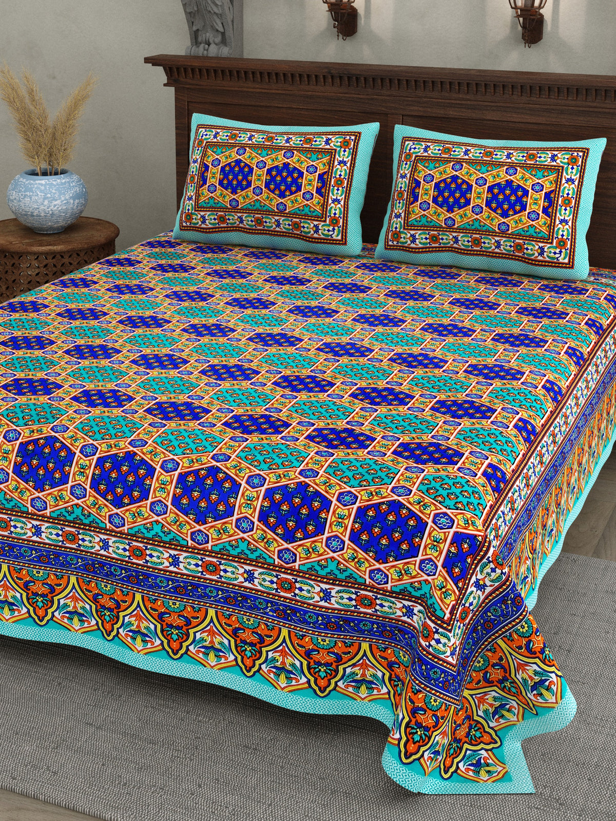 Haveli Royal Blue Hexagon Cotton Double Bedsheet 90x108 with 2 Pillow Covers Bedsheet 1nKk3dhTxCcGfcej4LhMkcFz9sYuiTbv8_w2000