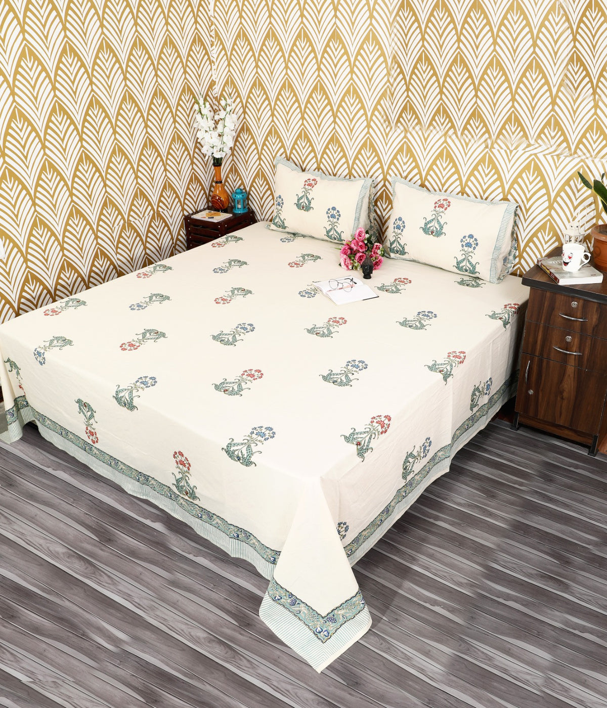 Prakriti Yuvraj Teal Mughal Floral Pure Cotton King Size Bedsheet 108x108 with 2 Pillow Covers Bedsheet 1nQ0_DbLVMrGxGLaNxcJ3x05wFAiUrZRr_w2000