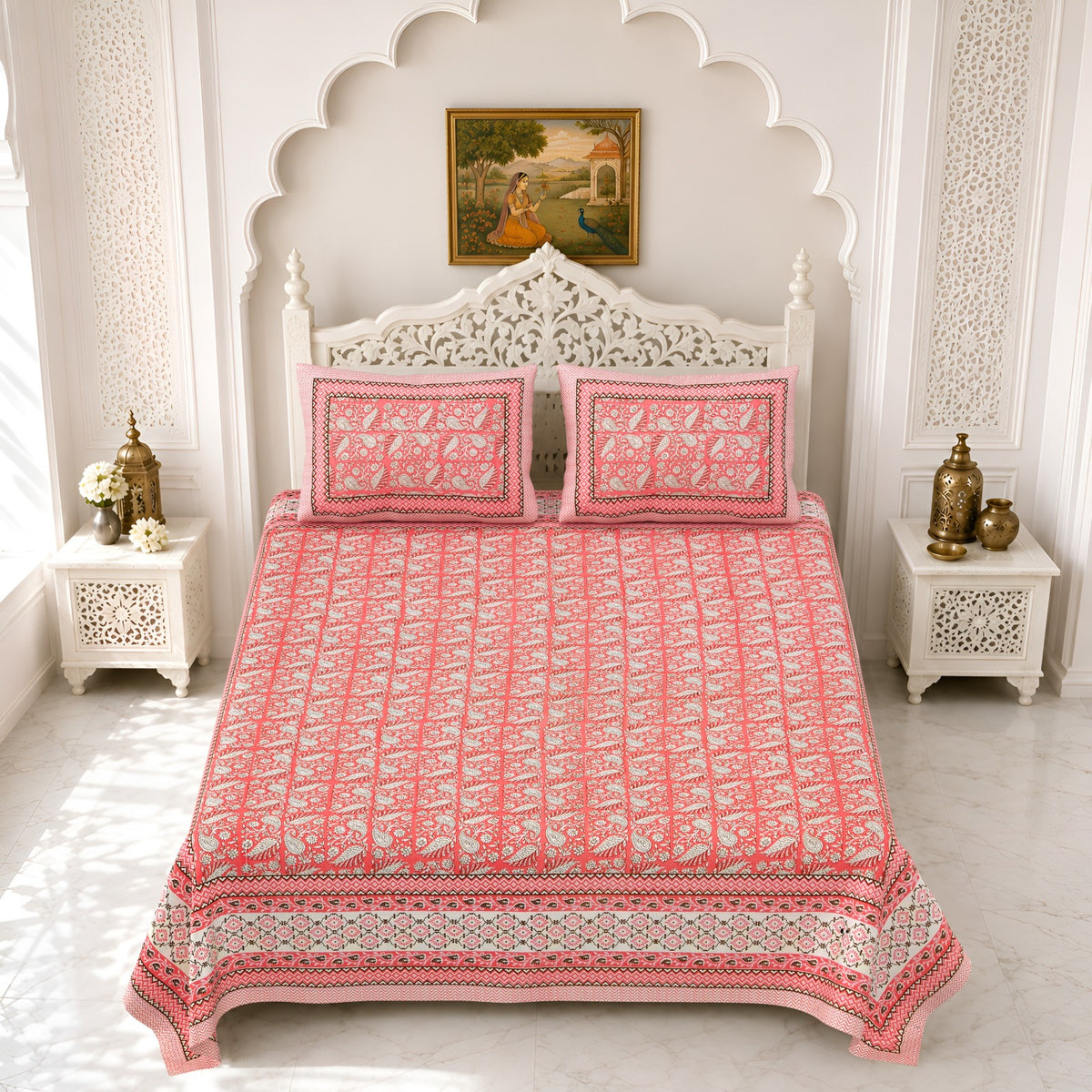 Premium Royal Block Peach Pink Booti Cotton Double Bedsheet 90x108 with 2 Pillow Covers Bedsheet 1nUlt3i3J-ib1HSt0-1NOEKzE7L56qzCV_w2000