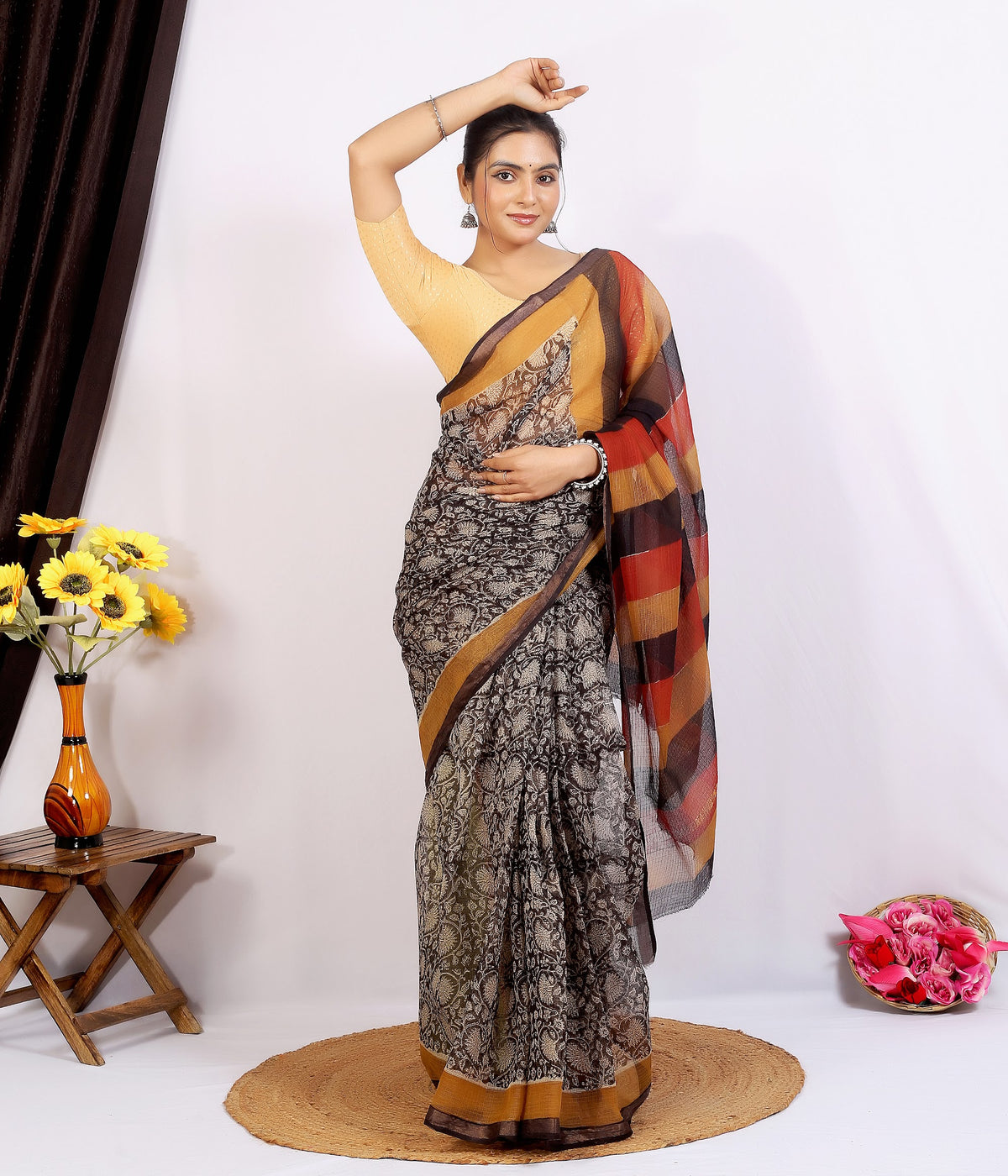 Black Rust Stripe Pallu Kota Doria Hand Block Print Saree with Blouse Saree 1o0g5TbuO2T6zxL1NIAeFykUTGt1Wj7H-_w2000