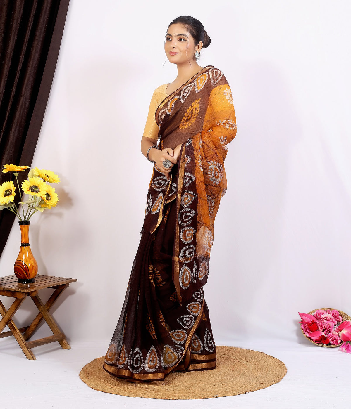 Brown Mustard Pallu Bagru Kota Doria bagru hand block print saree with blouse – brown and mustard – wholesale Jaipur – view 6