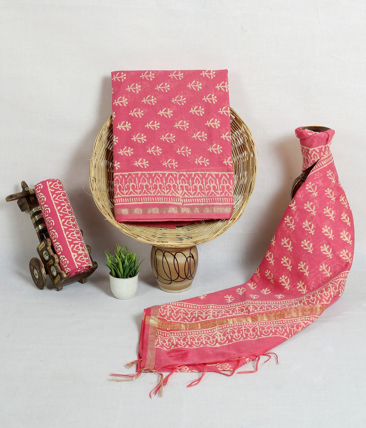 Gulabi Zari Buta Pink Buta Chanderi silk hand block print suit material