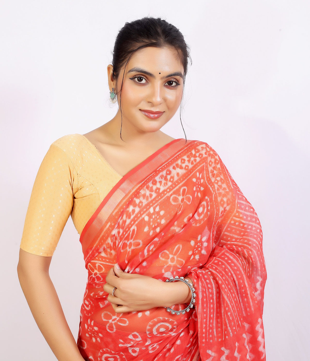 Coral Floral Buta Kota Doria bagru hand block print saree with blouse – coral – wholesale Jaipur – view 2