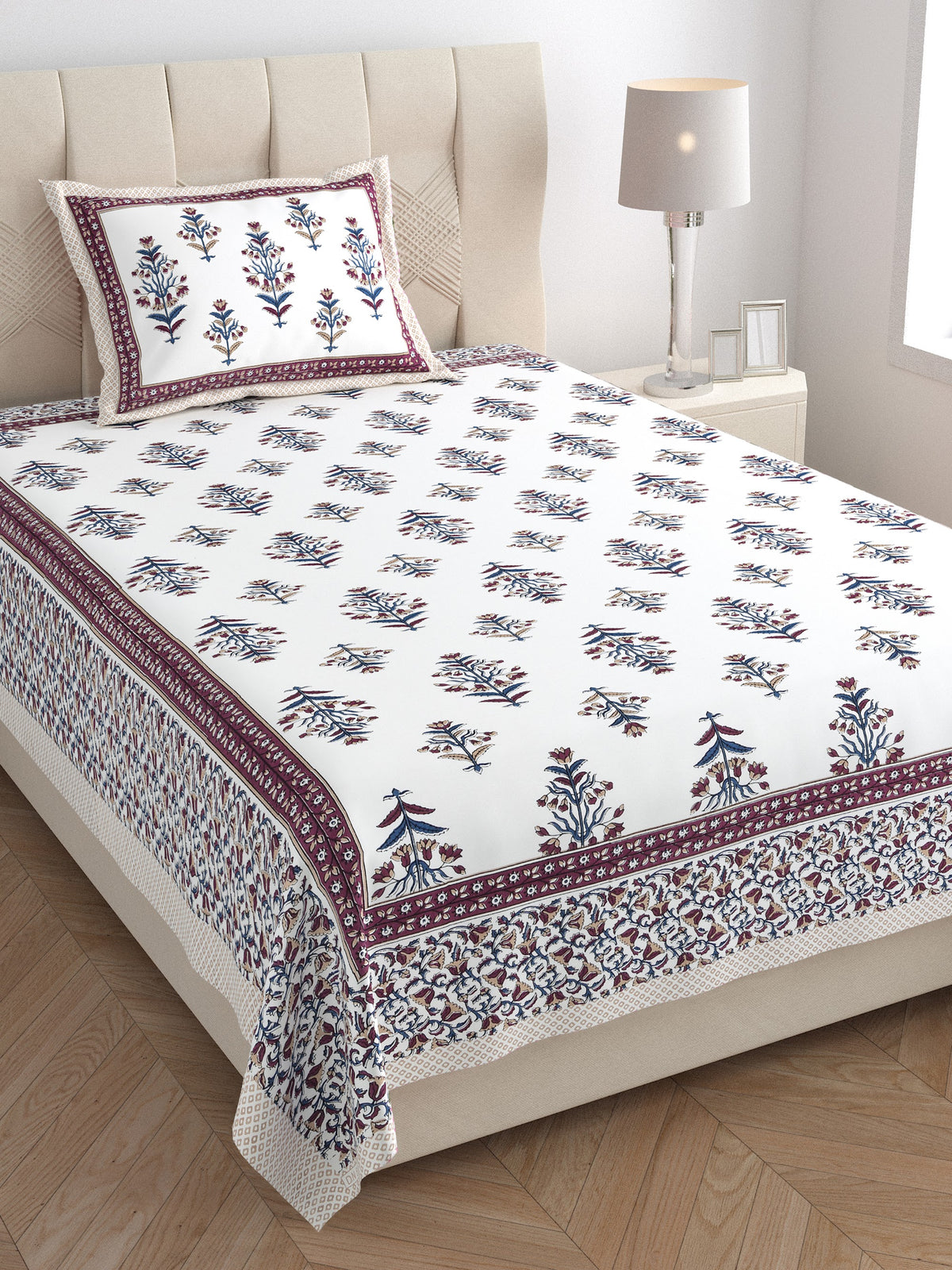 Elora Maroon Border Mughal Buta Murugan Cotton Single Bedsheet 60x90 with 1 Pillow Cover Bedsheet 1ob1ifm2NLESJB2pImqz2rbtDyIBsY3Wd_w2000