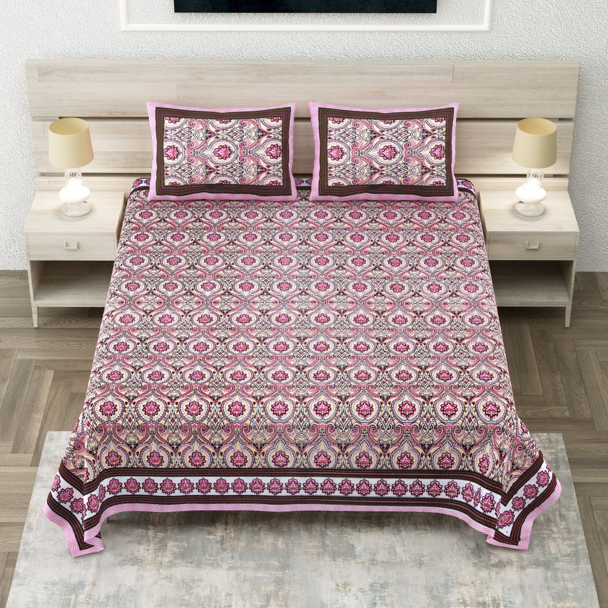 Avantika Pink Geometric Tile Cotton Super King Bedsheet With Two Pillow Covers Bedsheet 1ocMC9XocaxTqH2PNfib_kNYoO9oFoKrR_w2000