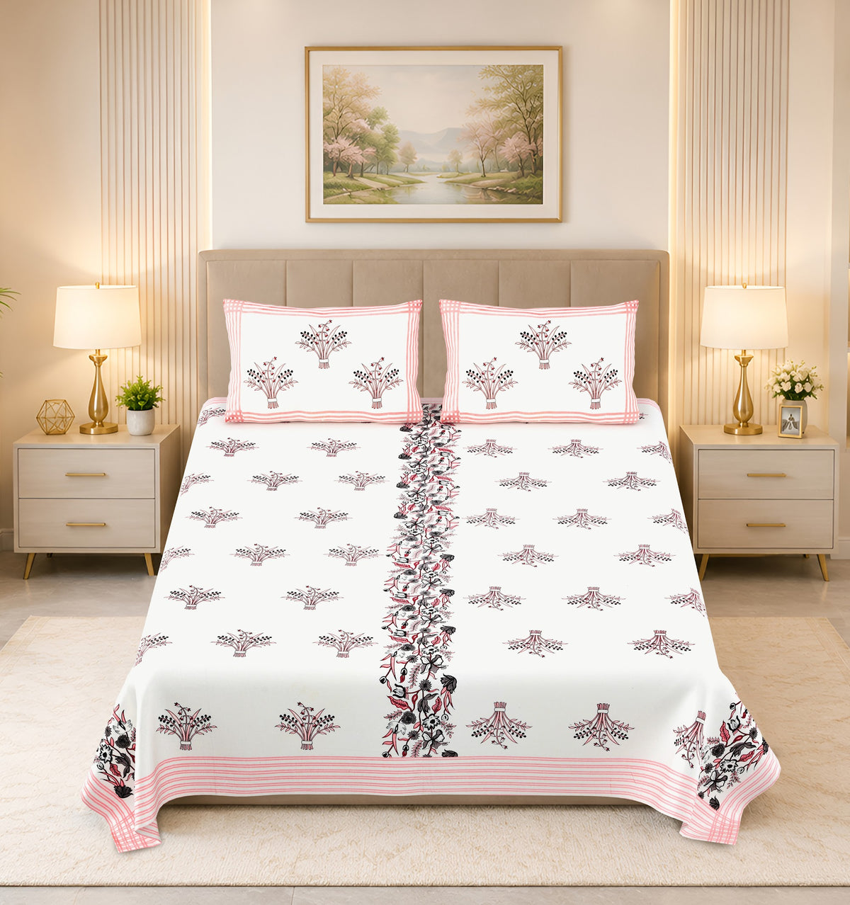 Kalashree Pink Border Floral Bel premium cotton double bedsheet 100x108 with 2 pillow covers – pink and grey – wholesale Jaipur – view 4