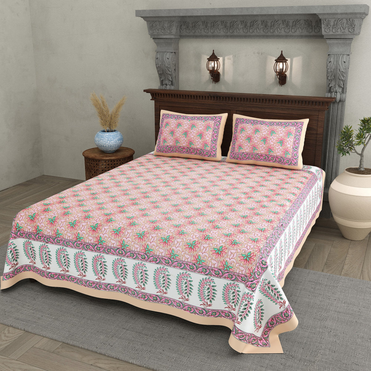 Gulabi Pink Keri Border Cotton Double Bedsheet 90x108 with 2 Pillow Covers Bedsheet 1p1lEv-XsK6Ws9qXcFfeIf61MfbLg5K6Y_w2000