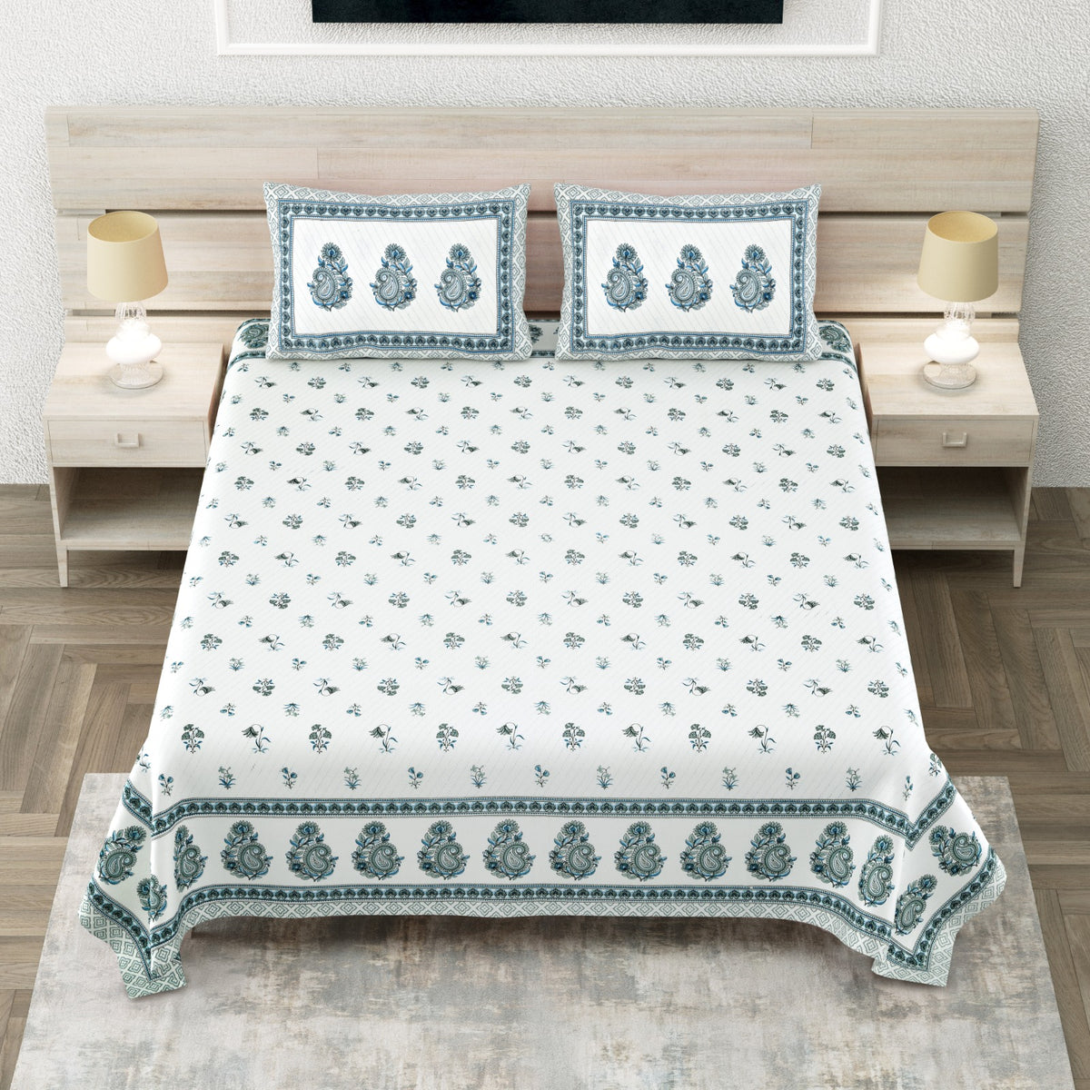 Avantika Sea Green Buti Kairi Border Cotton King Bedsheet With 2 Pillow Covers Bedsheet 1p5m32xlcOCG1fXM9I-ND_6mjC6D5hjFr_w2000